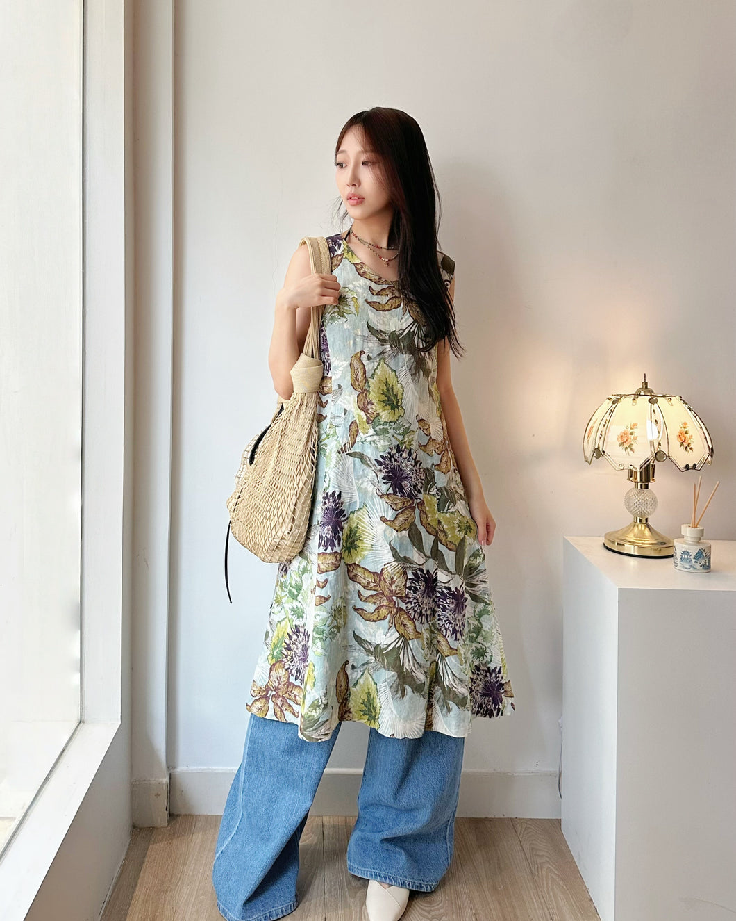 MAX BLUE 麻質印花洋裝（古着/日本品牌中國代工）