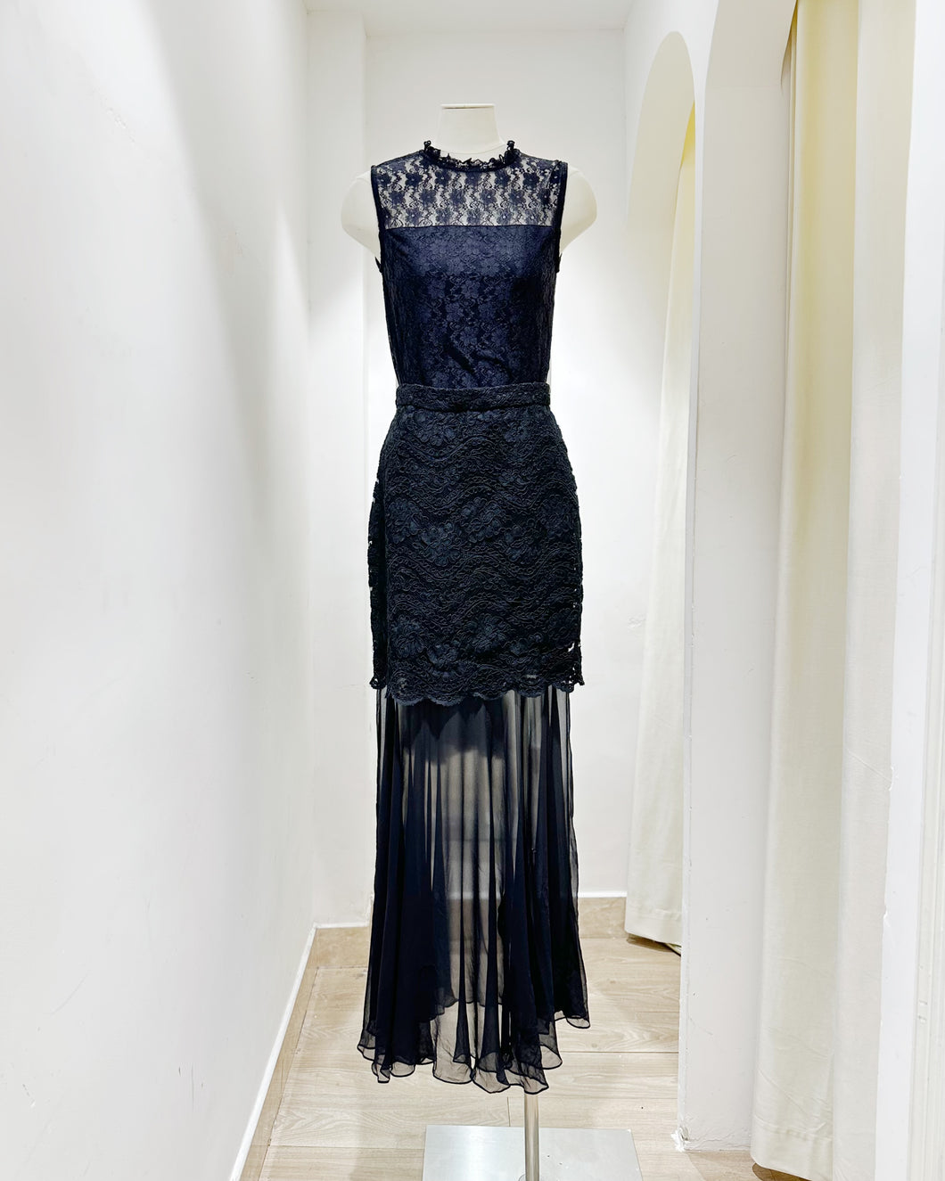 RICKIE FREEMAN 蕾絲拼玻璃紗半裙（古着/香港製/M）